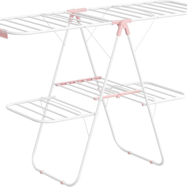 Double-Tier Floor-Standing Drying Rack With Side Wings And Sock Clips