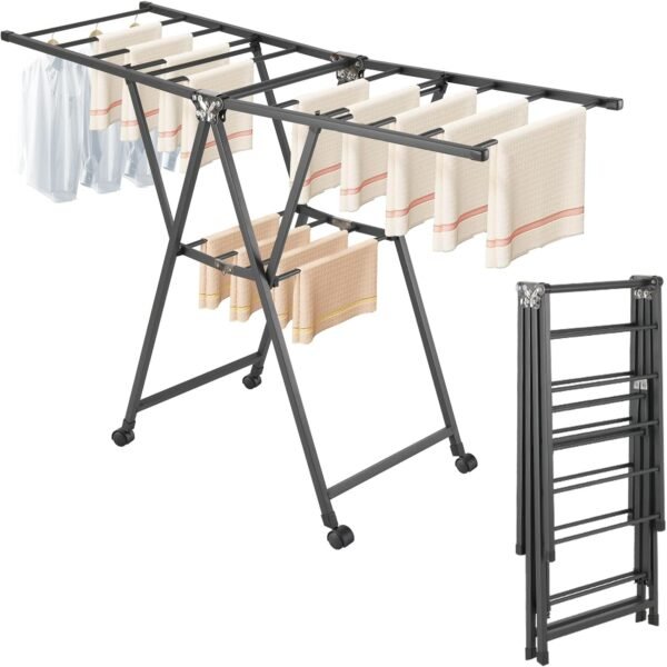 Double-Tier Folding Floor-Standing Drying Rack With Swivel Casters