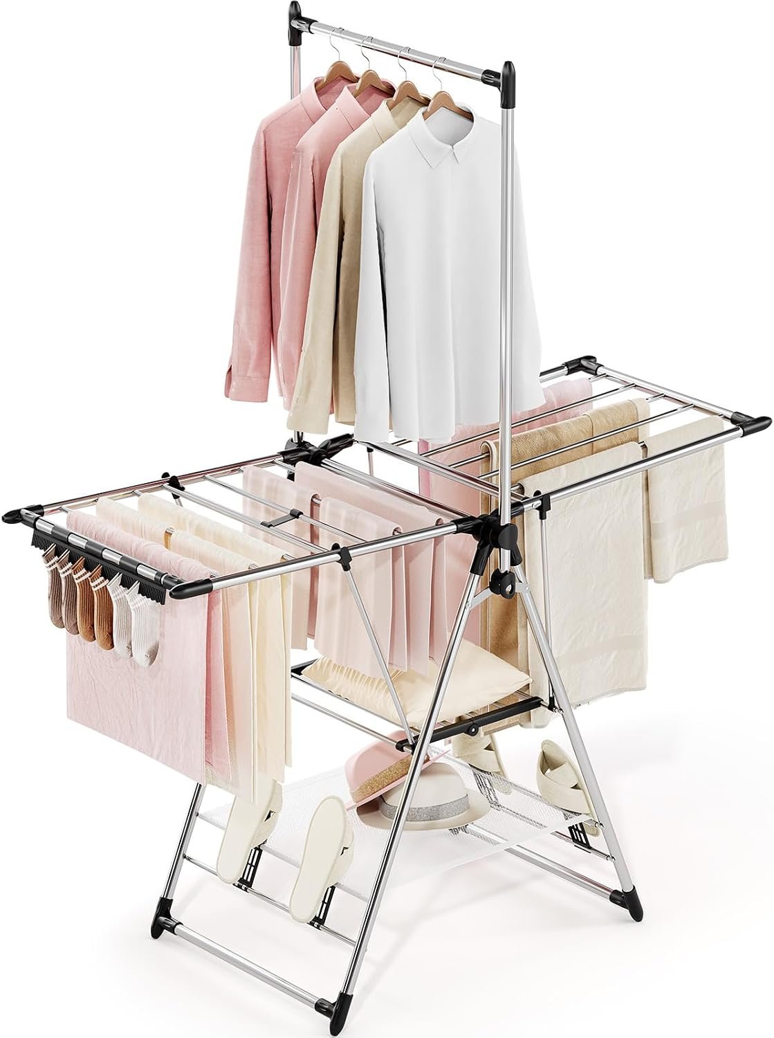 Multifunctional Folding Drying Rack With Shoe Rack And Side Wings